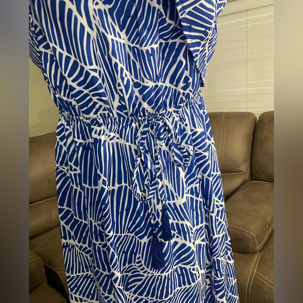 Blue & White Print Strapless Flowy Maxi Dress Sz L Large - Picture 5 of 12
